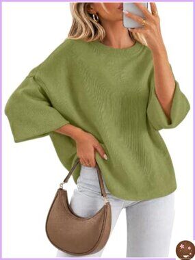 Womens 3/4 Sleeve Crewneck Knit Pullover Sweater Lantern Sleeve Tunic